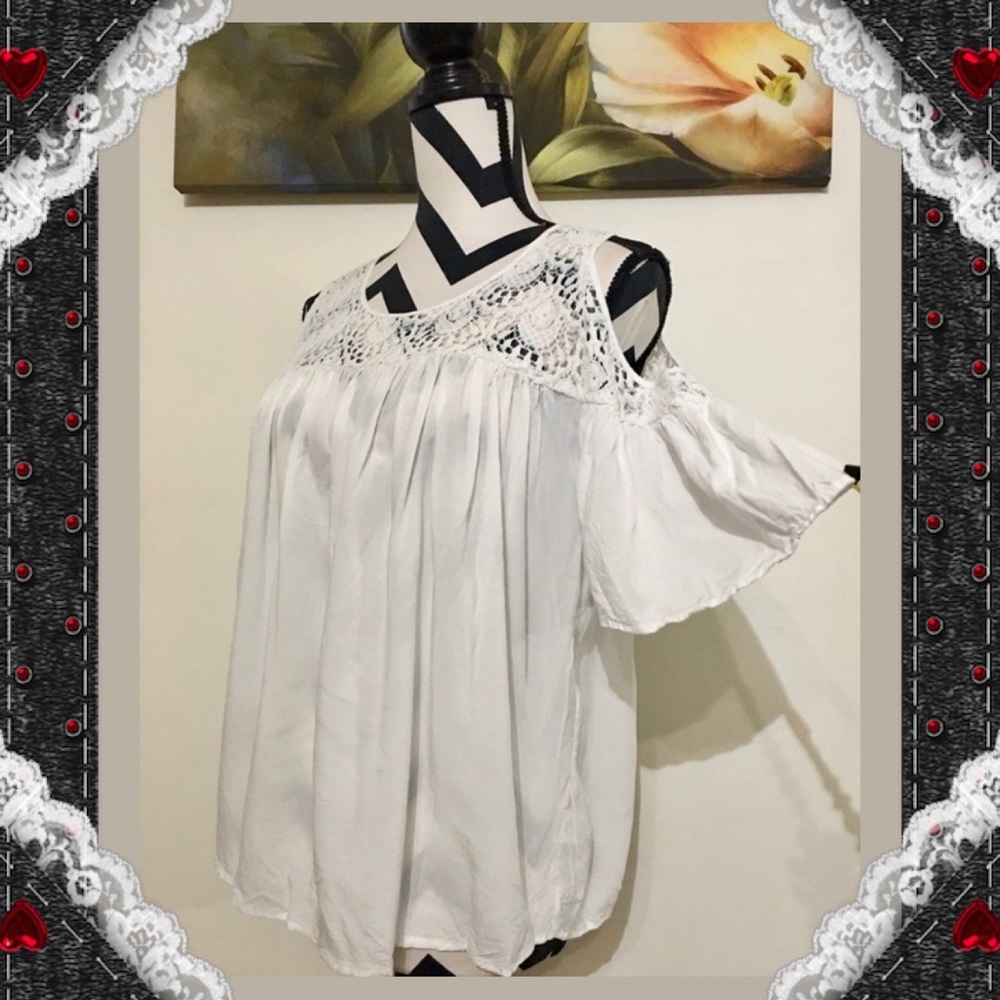 Stylus Lace Inserted Cold Shoulder White Blouse